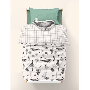 Jogo-de-cama-Infantil-The-Mini-Forest-com-estampa-Magia-Marinha-que--e-super-fofa-convidando-os-pequenos-para-uma-aventura-marinha-com-varios-bichinhos-nadando-no-fundo-do-mar--