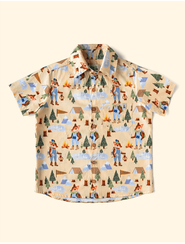 Camisa-Infantil-The-Mini-Forest-Acampando-Areia-com-estampa-do-acampamento-mais-aventureiro-do-bosque-encantado.