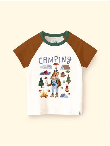 Camiseta-Infantil-The-Mini-Forest-Raglan-Acampando-Areia-com-estampa-do-acampamento-mais-aventureiro-do-bosque-encantado.