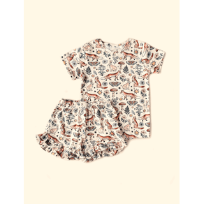 Pijama-Infantil-de-Verao-The-Mini-Forest-De-Noite-no-Bosque-Baunilha-com-a-estampa-de-bichinhos-do-nosso-Bosque-encantado.