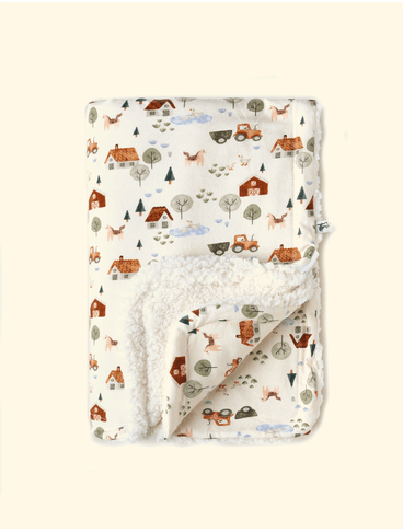 Manta-de-Bebe-Inverno-The-Mini-Forest-Fazendinha-Baunilha-com-estampa-de-fazendinha-e-tratorzinho.