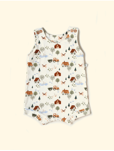 Romper-de-Bebe-The-Mini-Forest-Fazendinha-Baunilha-com-estampa-de-fazendinha-e-tratorzinho.