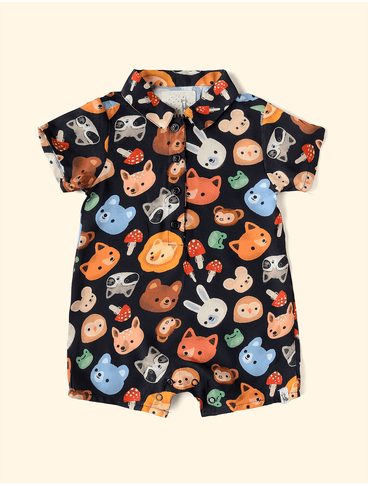 Macaquinho-Infantil-Botoes-The-Mini-Forest-Mascaras-da-Fauna-Preto-o-macacao-estampado-perfeito-para-as-criancas.