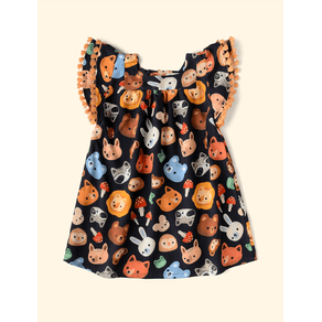 Vestido-Infantil-Manga-Dupla-The-Mini-Forest-Mascaras-da-Fauna-Preto-o-vestido-estampado-perfeito-para-as-criancas.