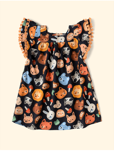 Vestido-Infantil-Manga-Dupla-The-Mini-Forest-Mascaras-da-Fauna-Preto-o-vestido-estampado-perfeito-para-as-criancas.