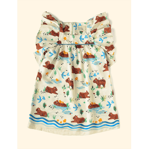 Vestido-Infantil-Manga-Curta-Babado-The-Mini-Forest-Amigos-a-Beira-D-agua-Baunilha-a-roupinha-de-bebe-com-estampa-de-capivaras. Vestido-Infantil-Manga-Curta-Babado-The-Mini-Forest-Amigos-a-Beira-D-agua-Baunilha-a-roupinha-de-bebe-com-estampa-de-capivaras.