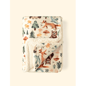 Manta-de-Bebe-Inverno-The-Mini-Forest-Trilha-dos-Sonhos-Baunilha-com-estampa-de-urso-e-raposas-na-floresta.
