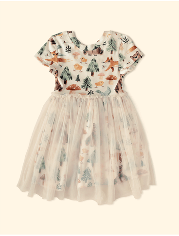 Vestido-Infantil-Tule-The-Mini-Forest-Trilha-dos-Sonhos-Baunilha-com-estampa-de-urso-e-raposas-na-floresta.
