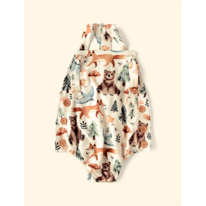 Romper-de-Bebe-Alca-The-Mini-Forest-Trilha-dos-Sonhos-Baunilha-com-estampa-de-urso-e-raposas-na-floresta.