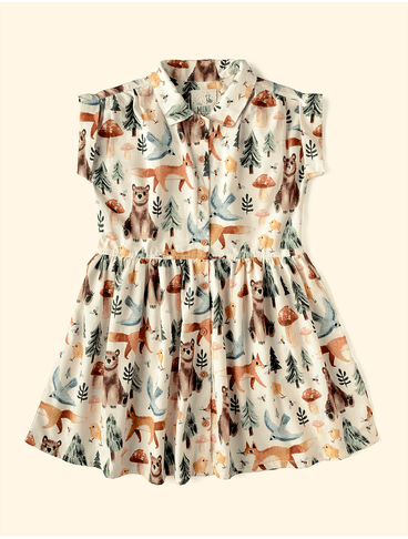 Vestido-Infantil-Botoes-The-Mini-Forest-Trilha-dos-Sonhos-Baunilha-com-estampa-de-urso-e-raposas-na-floresta.