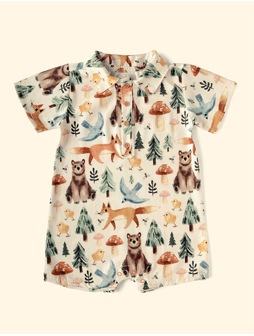 Macaquinho-Infantil-Botoes-The-Mini-Forest-Trilha-dos-Sonhos-Baunilha-com-estampa-de-urso-e-raposas-na-floresta.