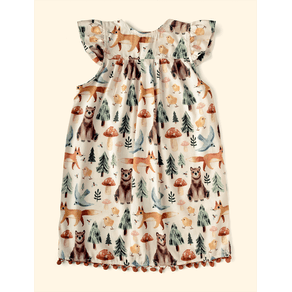 Vestido-Infantil-de-Manguinha-The-Mini-Forest-Trilha-dos-Sonhos-Baunilha-com-estampa-de-urso-e-raposas-na-floresta. Vestido-Infantil-de-Manguinha-The-Mini-Forest-Trilha-dos-Sonhos-Baunilha-com-estampa-de-urso-e-raposas-na-floresta.