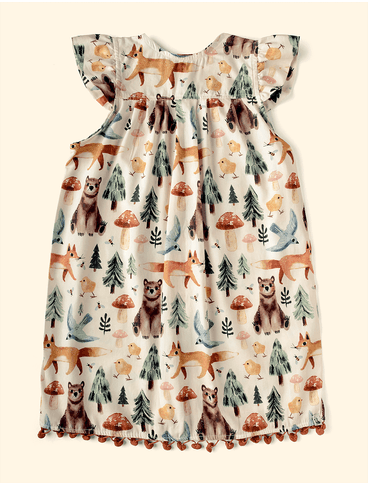 Vestido-Infantil-de-Manguinha-The-Mini-Forest-Trilha-dos-Sonhos-Baunilha-com-estampa-de-urso-e-raposas-na-floresta.