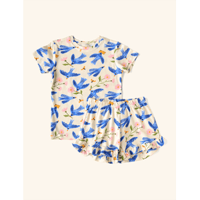 Pijama-Infantil-de-Verao-The-Mini-Forest-Andorinha-Azul-Baunilha-com-estampa-infantil-de-passaros-voando.