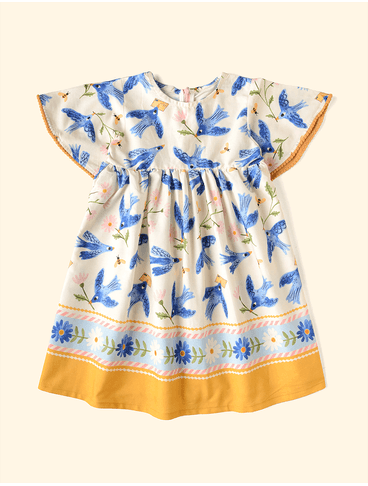 Vestido-Infantil-Barrado-The-Mini-Forest-Andorinha-Azul-Baunilha-com-estampa-infantil-de-passaros-voando.