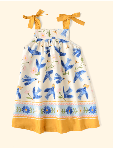 Vestido-Infantil-Alca-Barrado-The-Mini-Forest-Andorinha-Azul-Baunilha-com-estampa-infantil-de-passaros-voando.