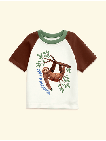 Camiseta-Infantil-Raglan-The-Mini-Forest--Que-Preguica--Baunilha-a-t-shirt-infantil-mais-estilosa-e-confortavel.